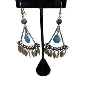 Earrings pierced chandelier style with turquoise bead, and silver metal 4”